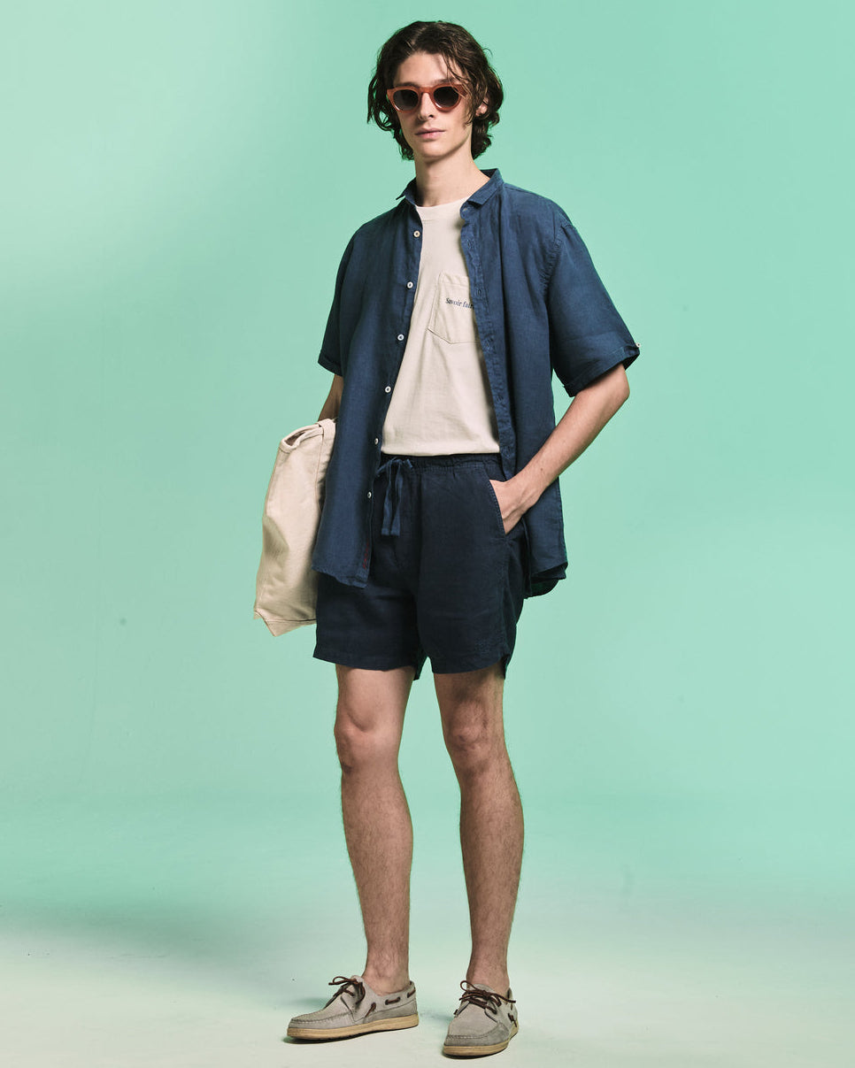 Camisa Linho Manga Curta Stone Navy