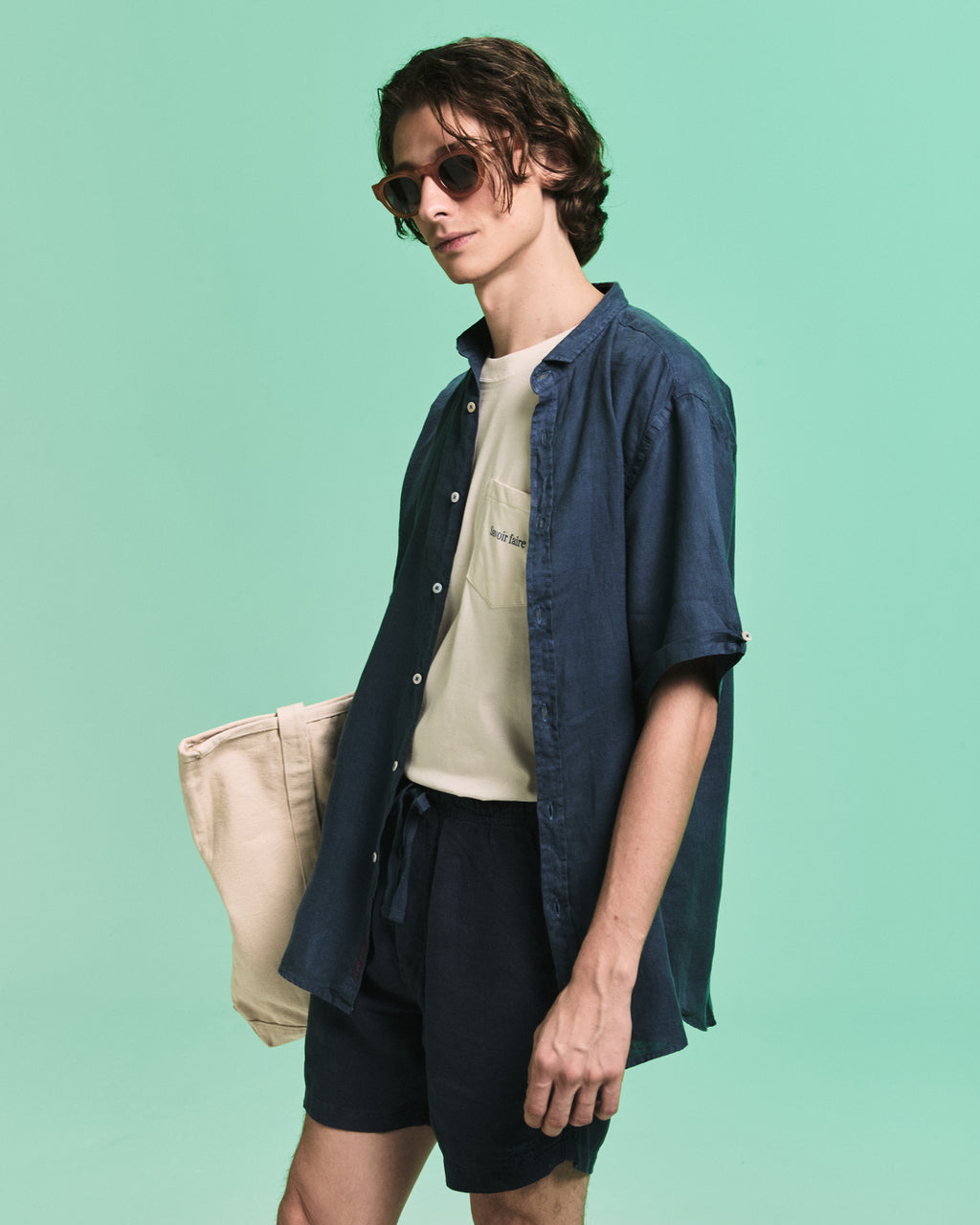 Camisa Linho Manga Curta Stone Navy