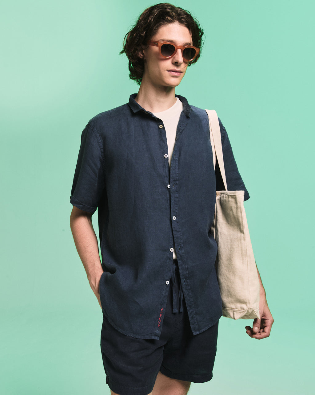 Camisa Linho Manga Curta Stone Navy