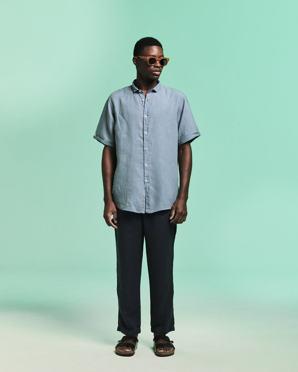 Camisa Linho Manga Curta Stone Wash Bleu de Chine