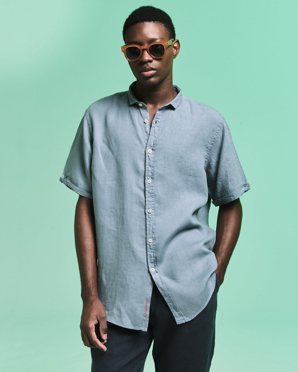 Camisa Linho Manga Curta Stone Wash Bleu de Chine