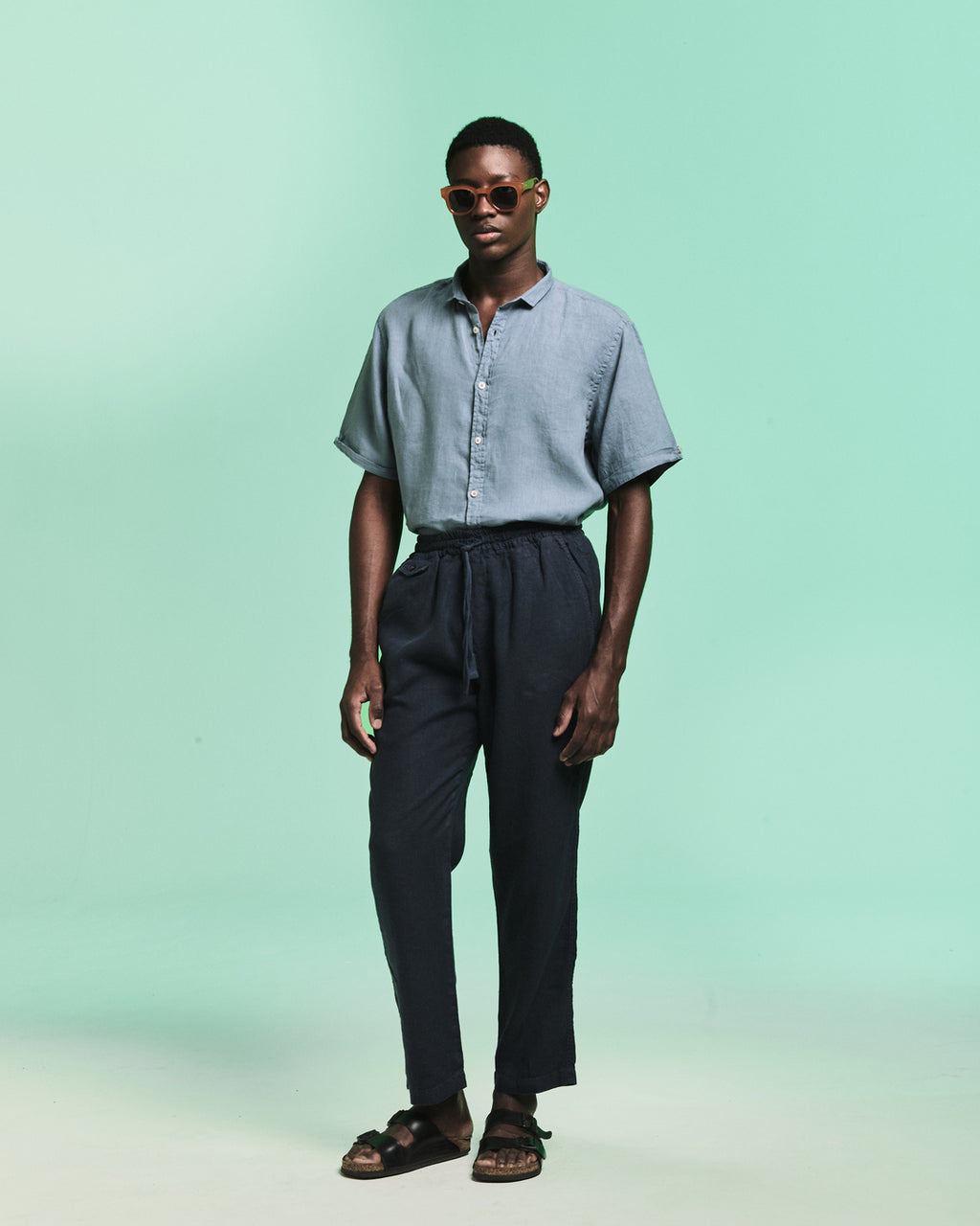 Camisa Linho Manga Curta Stone Wash Bleu de Chine