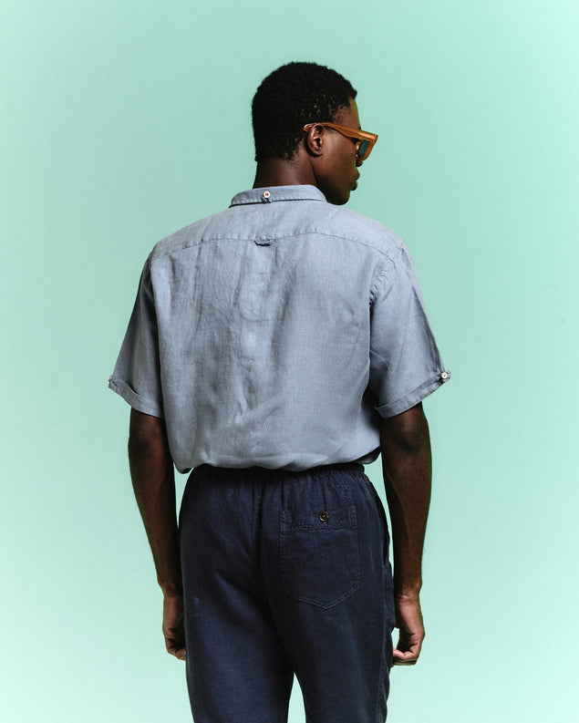 Camisa Linho Manga Curta Stone Wash Bleu de Chine