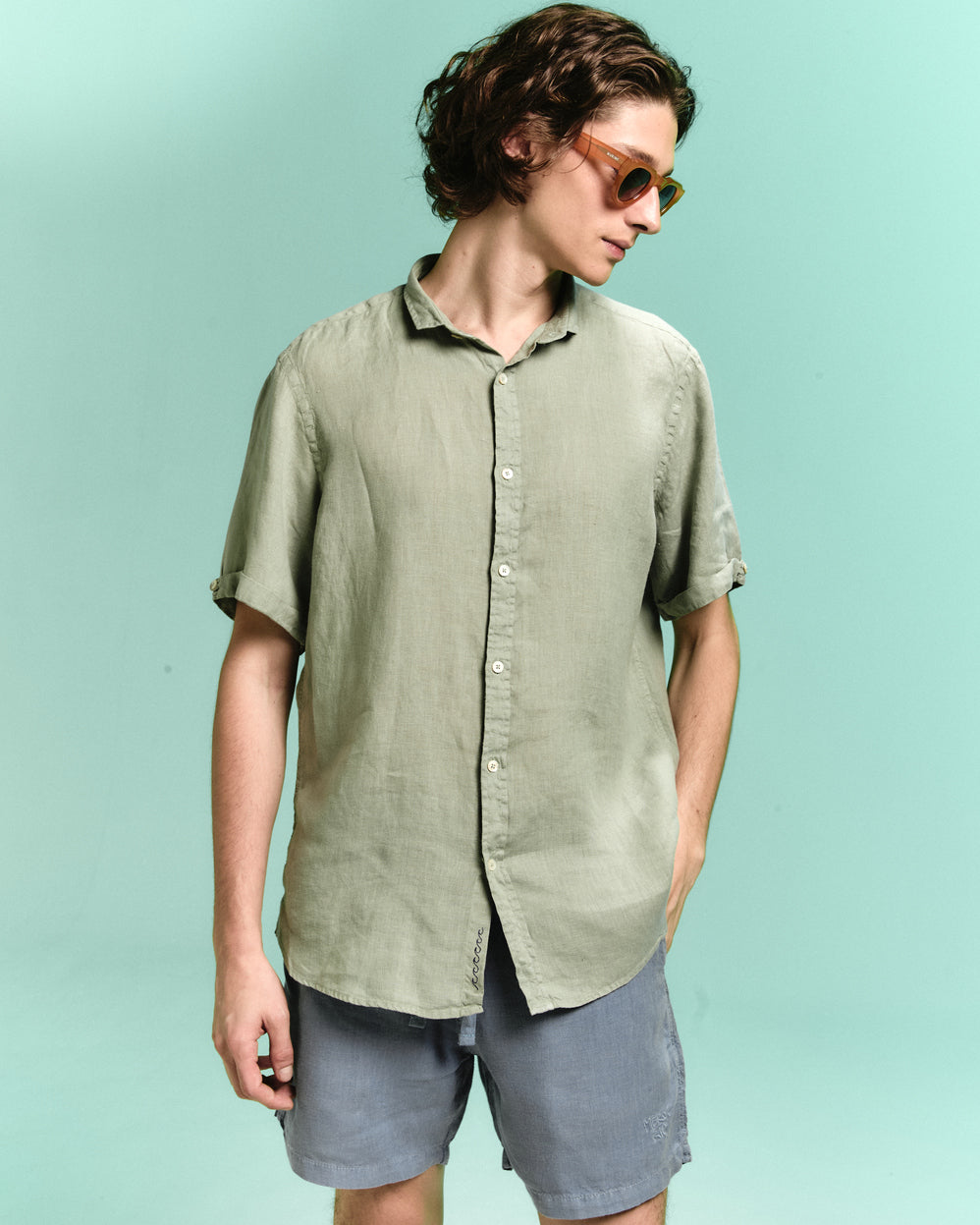 Camisa Linho Manga Curta Stone Wash Verde Pistache