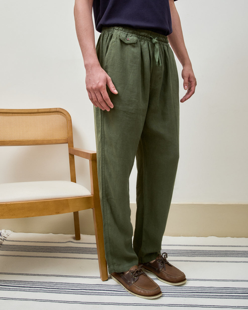 Calça Puro Linho Stone Wash Relax Verde Oliva