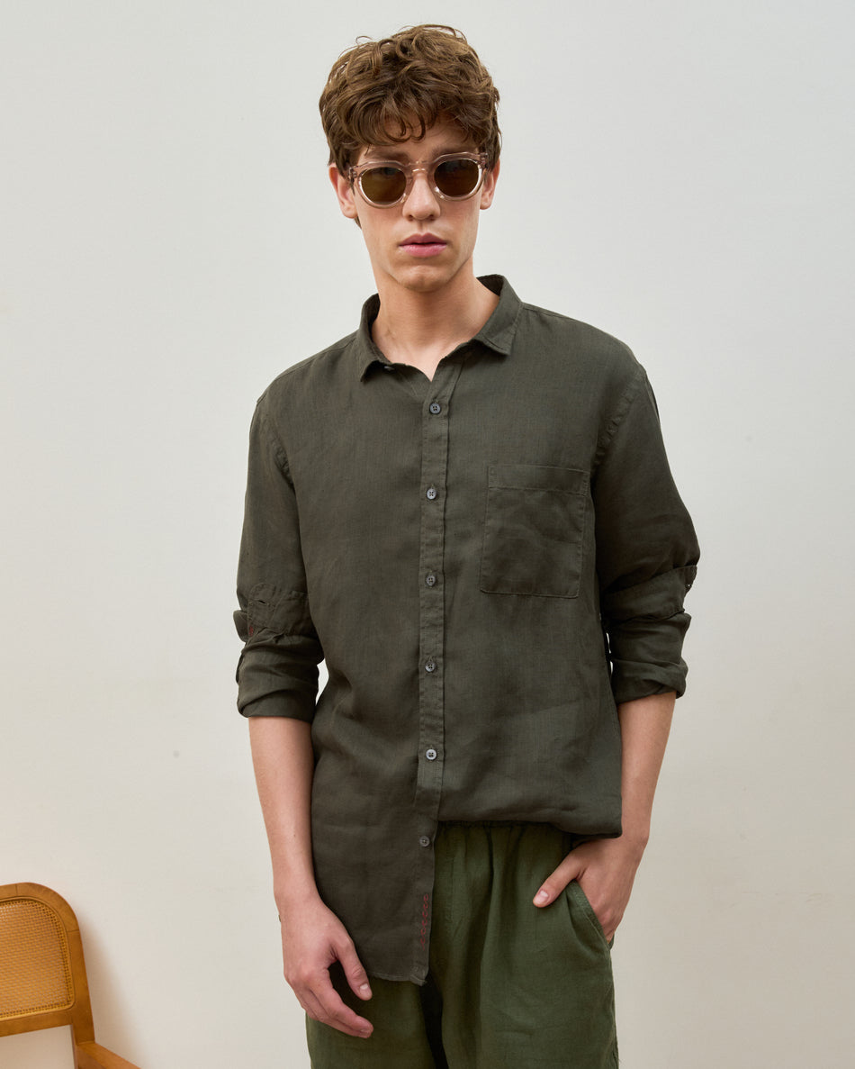 Camisa Linho Stone Wash Dark Green Manga Longa
