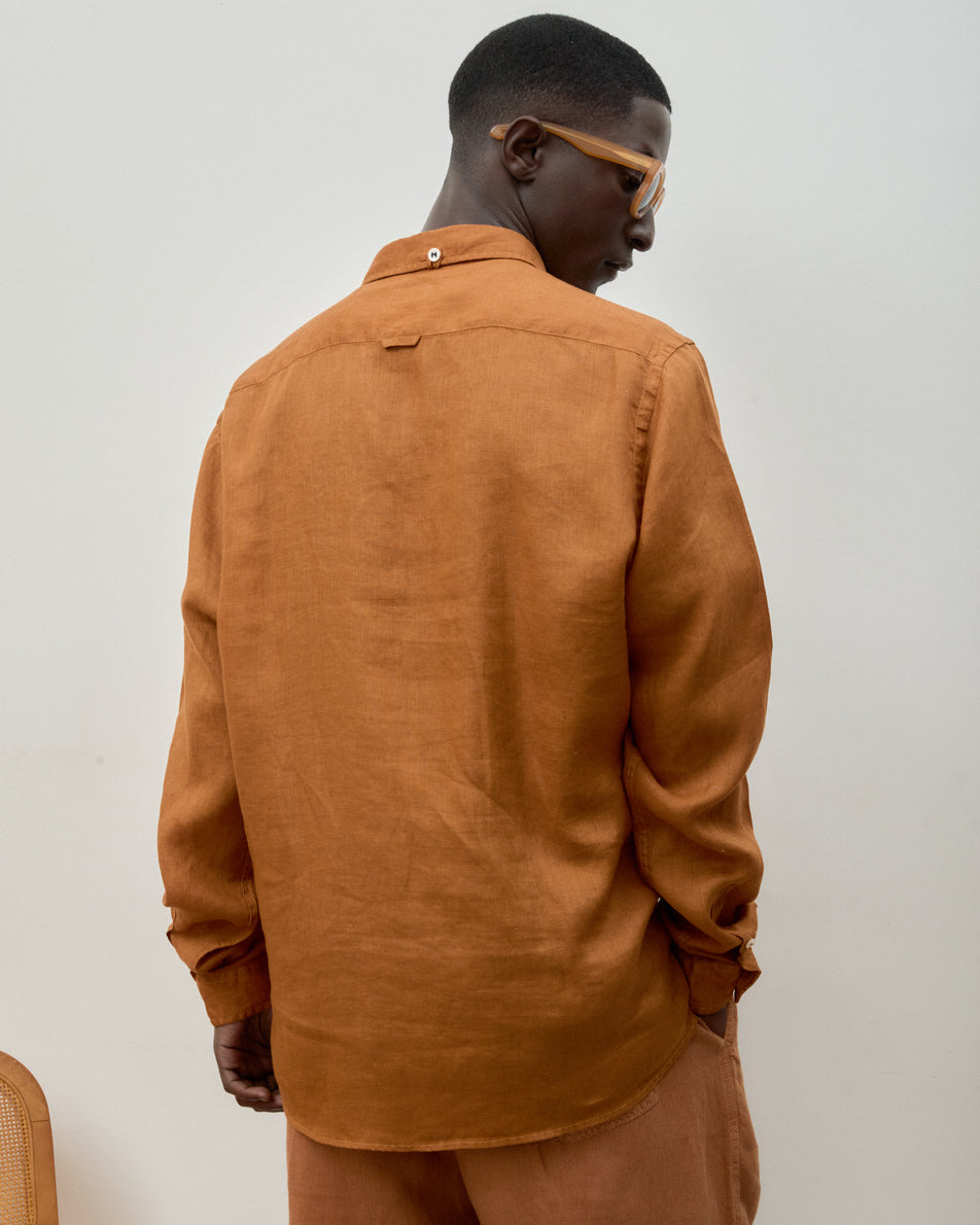 Camisa Puro Linho Stone Wash Brown Manga Longa