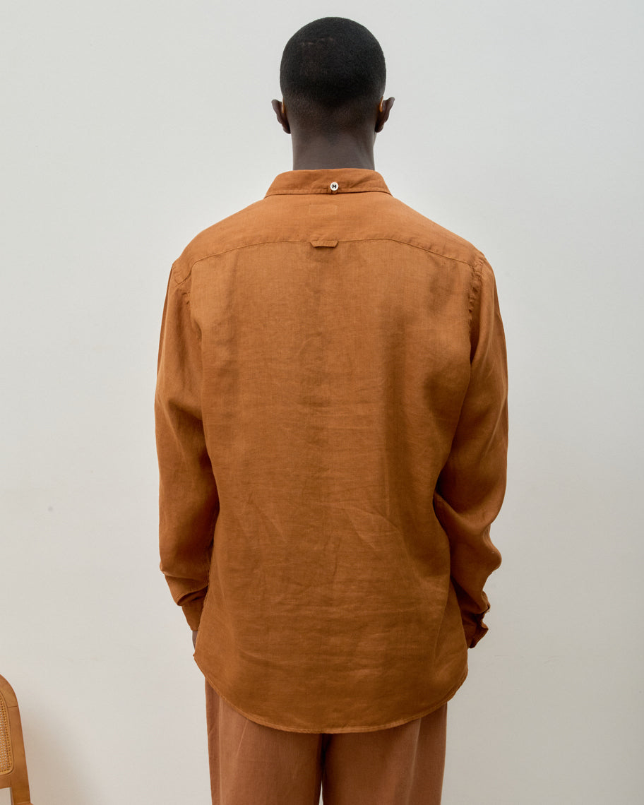 Camisa Puro Linho Stone Wash Brown Manga Longa