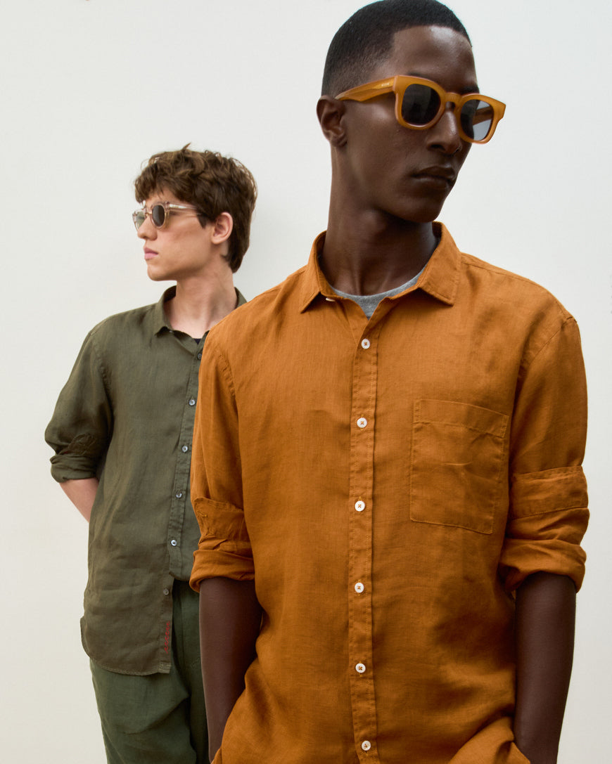 Camisa Puro Linho Stone Wash Brown Manga Longa