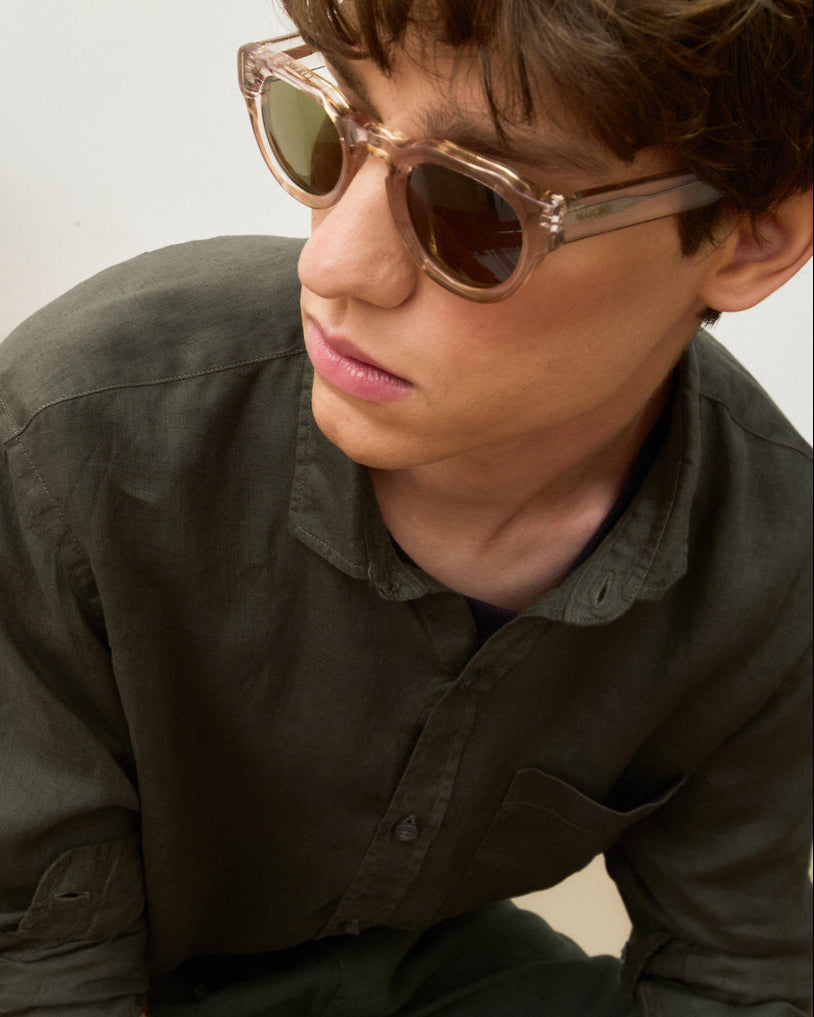 Camisa Linho Stone Wash Dark Green Manga Longa