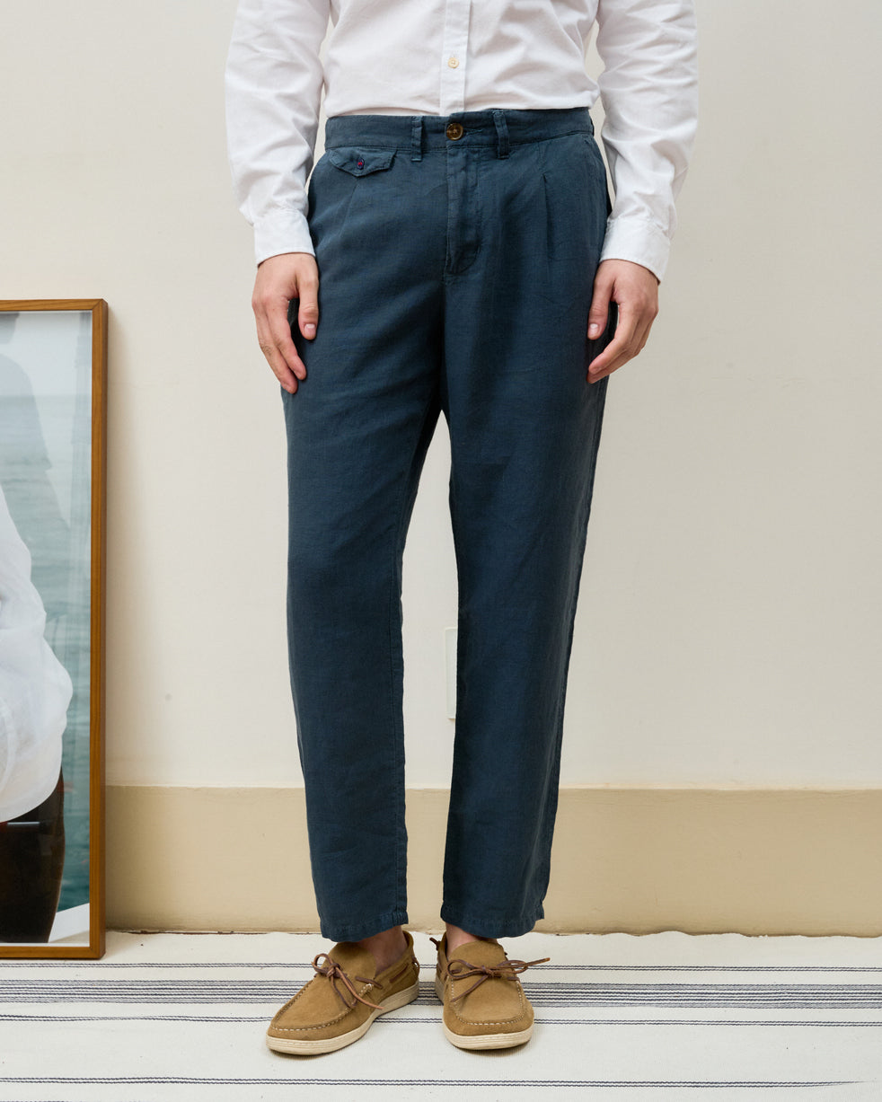 Calça Social Puro Linho Stone Wash Navy