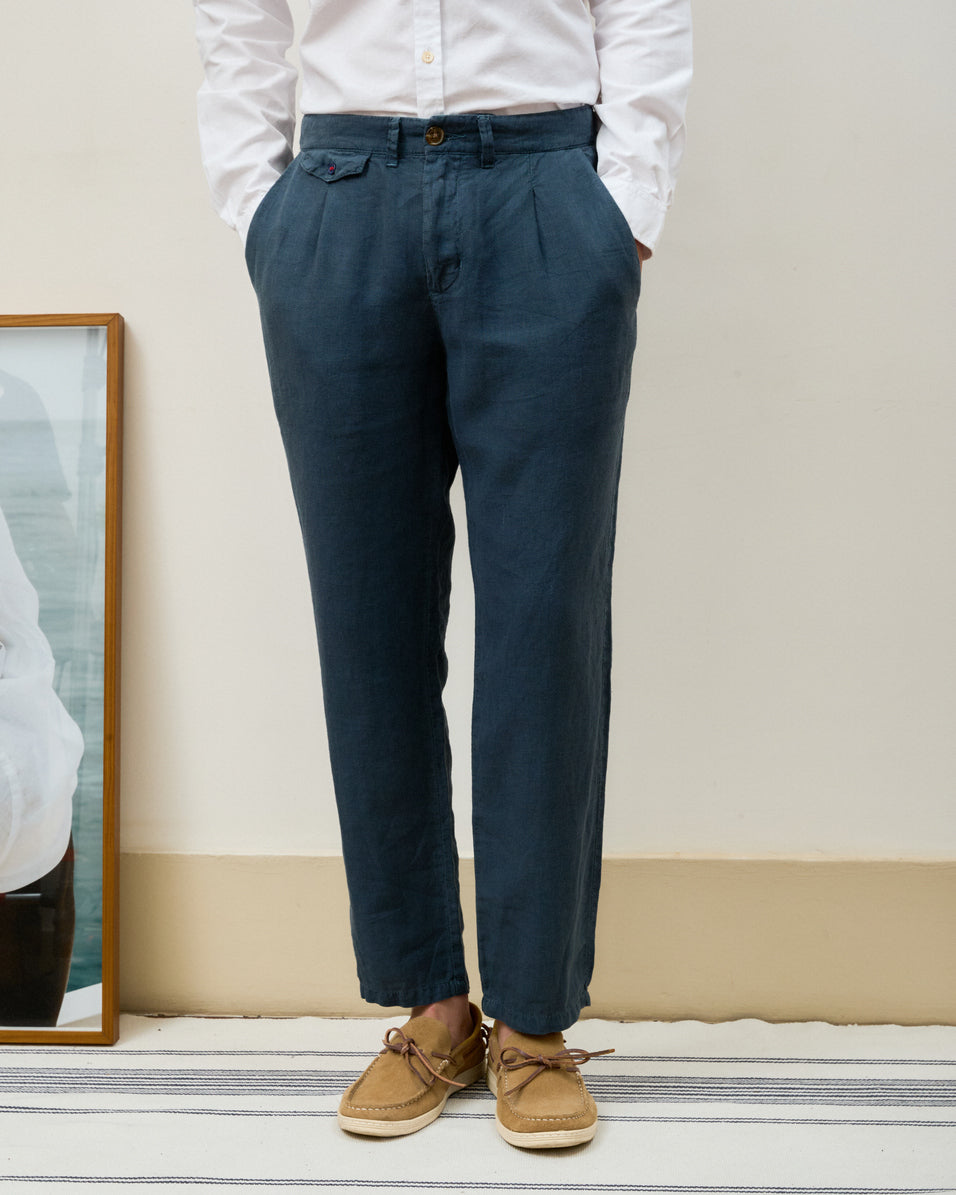 Calça Social Puro Linho Stone Wash Navy