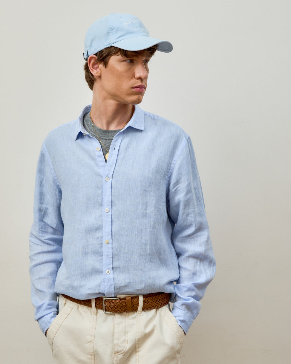Camisa Linho Manga Longa Azul Céu