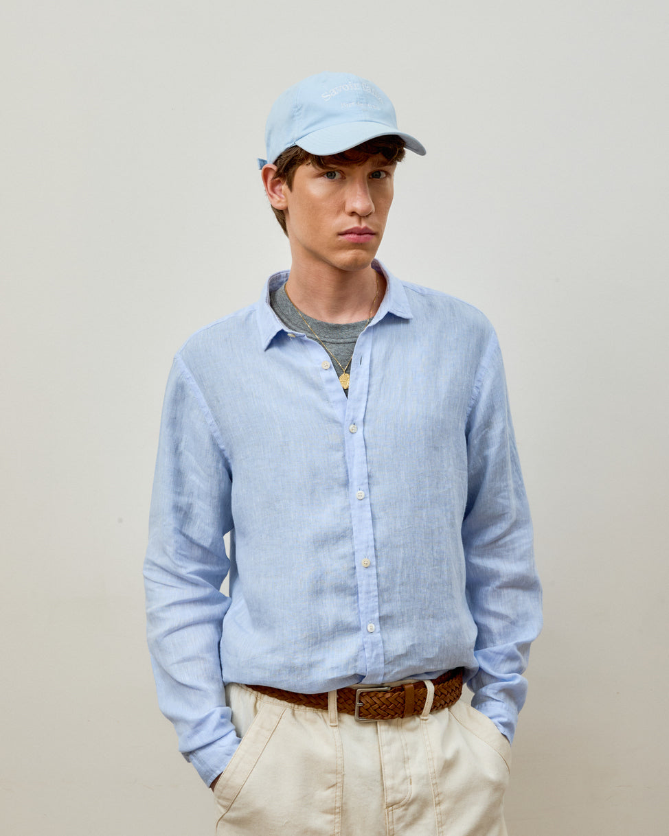 Camisa Linho Manga Longa Azul Céu