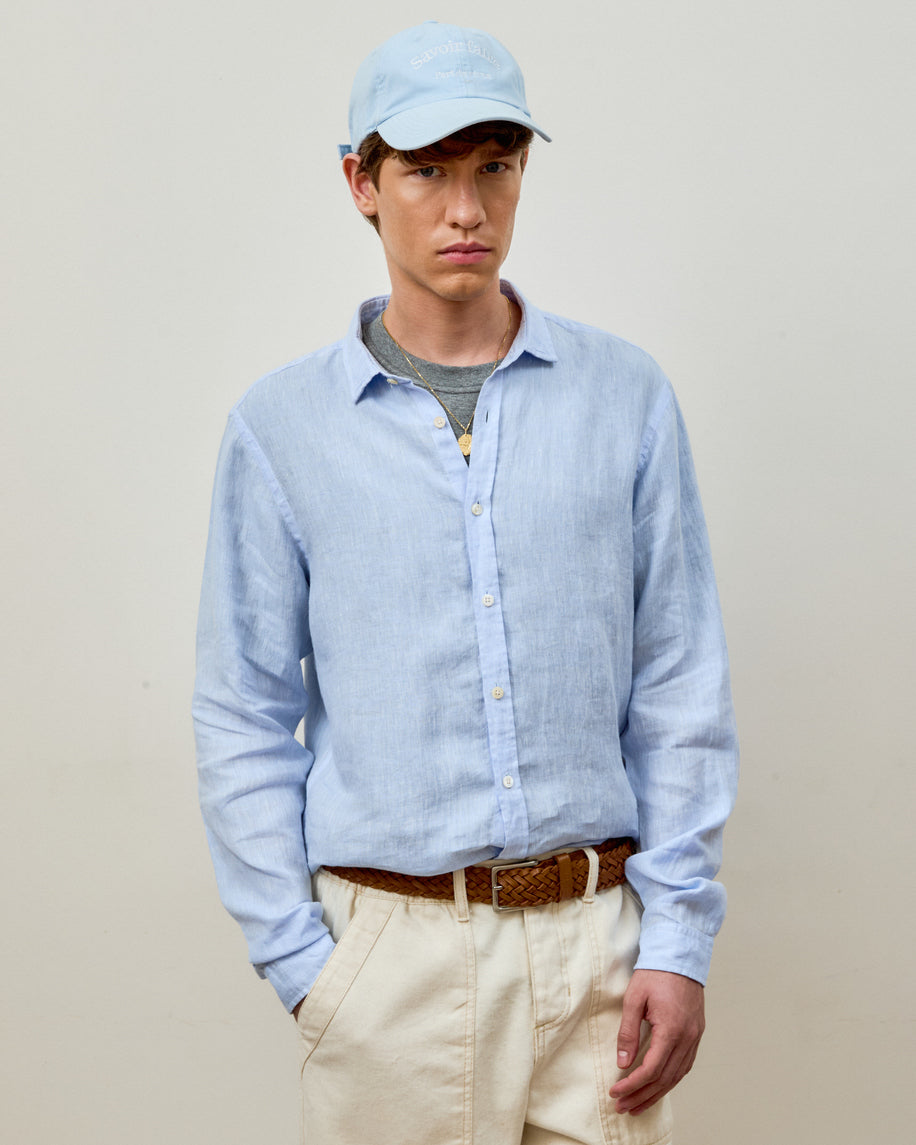 Camisa Linho Manga Longa Azul Céu