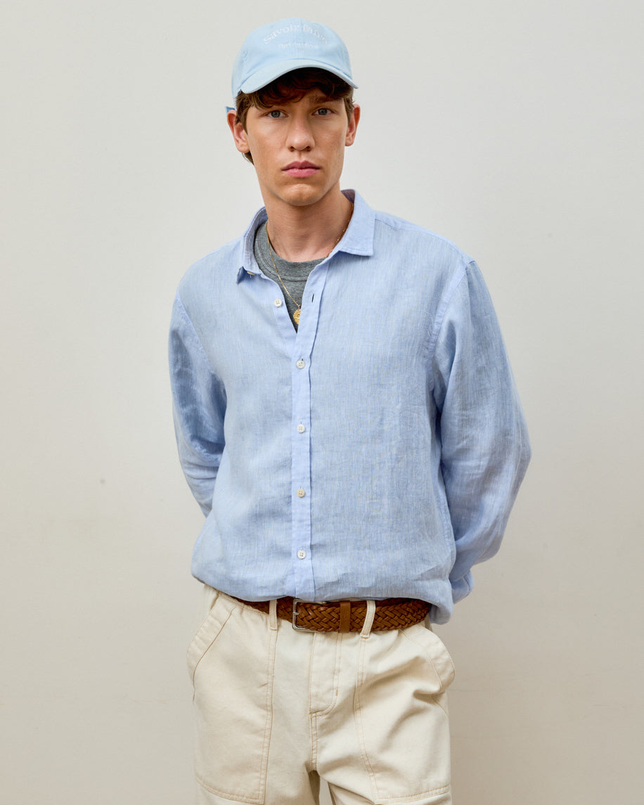 Camisa Linho Manga Longa Azul Céu