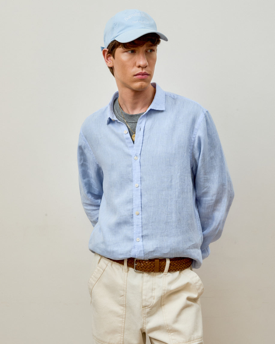 Camisa Linho Manga Longa Azul Céu