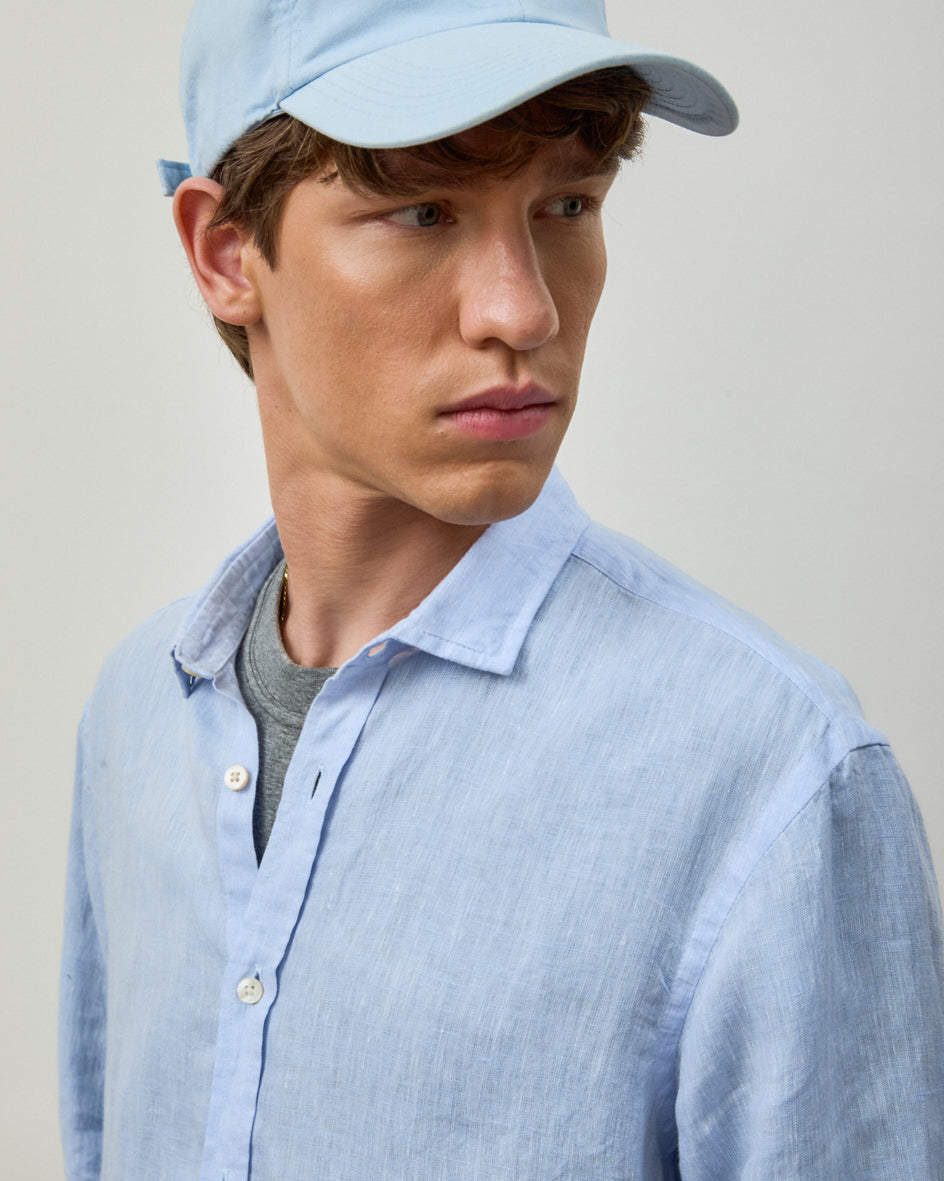 Camisa Linho Manga Longa Azul Céu