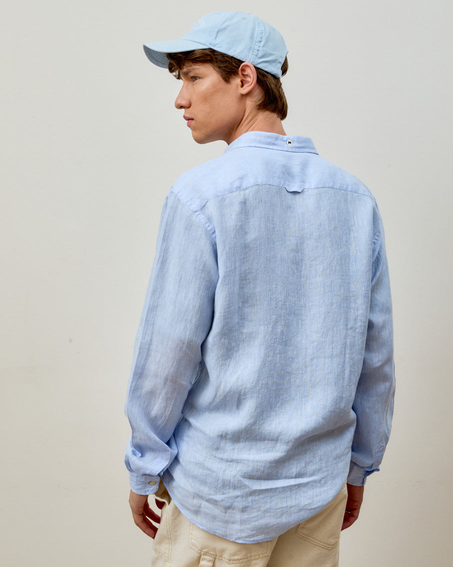 Camisa Linho Manga Longa Azul Céu