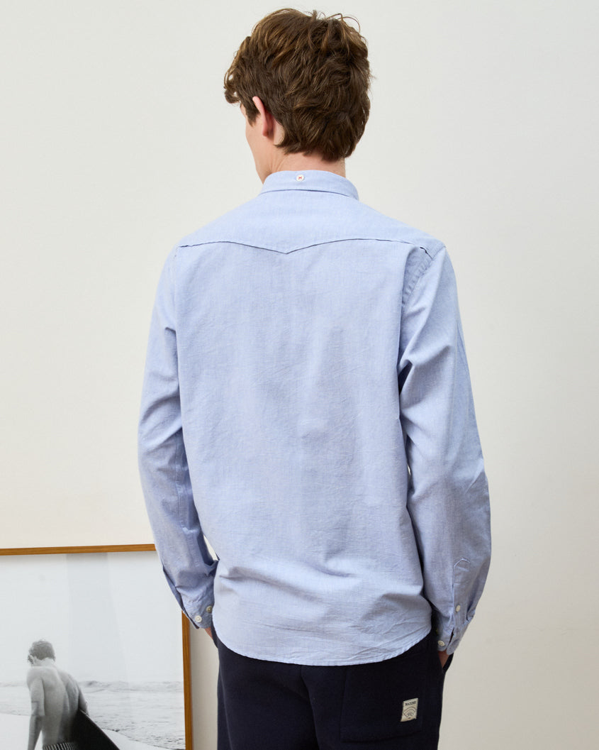 Camisa Oxford Wash Azul Manga Longa