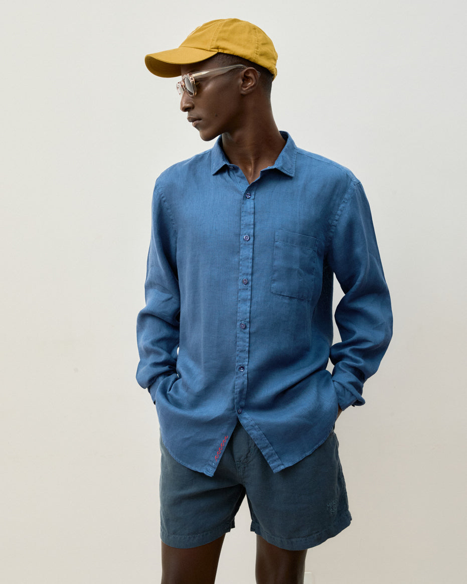 Camisa Linho Stone Wash Azul Índigo Manga Longa