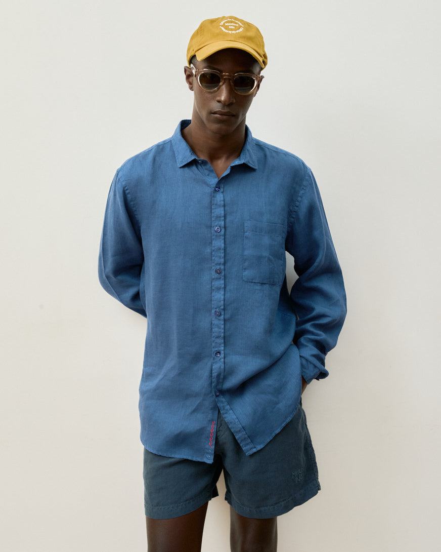 Camisa Linho Stone Wash Azul Índigo Manga Longa