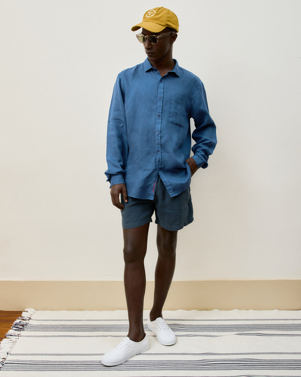 Camisa Linho Stone Wash Azul Índigo Manga Longa