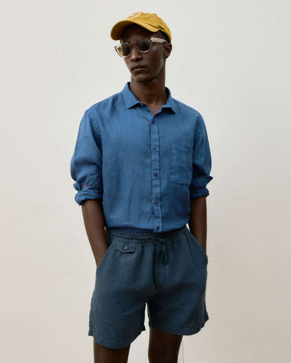 Camisa Linho Stone Wash Azul Índigo Manga Longa