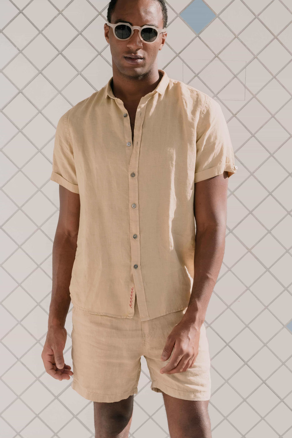 Camisa Linho Manga Curta Stone Wash Kakhi