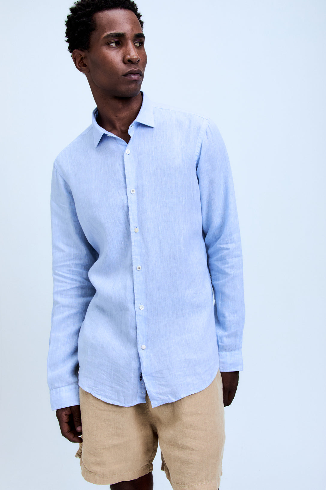 Camisa Linho Manga Longa Azul Céu