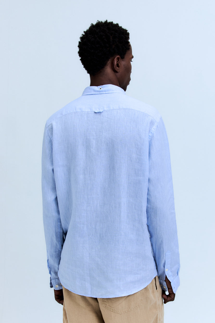 Camisa Linho Manga Longa Azul Céu